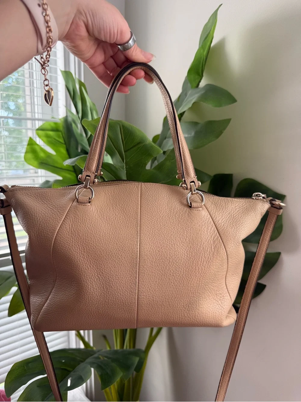 Coach Pebbled Leather Shoulder Satchel in Taupe Beige
